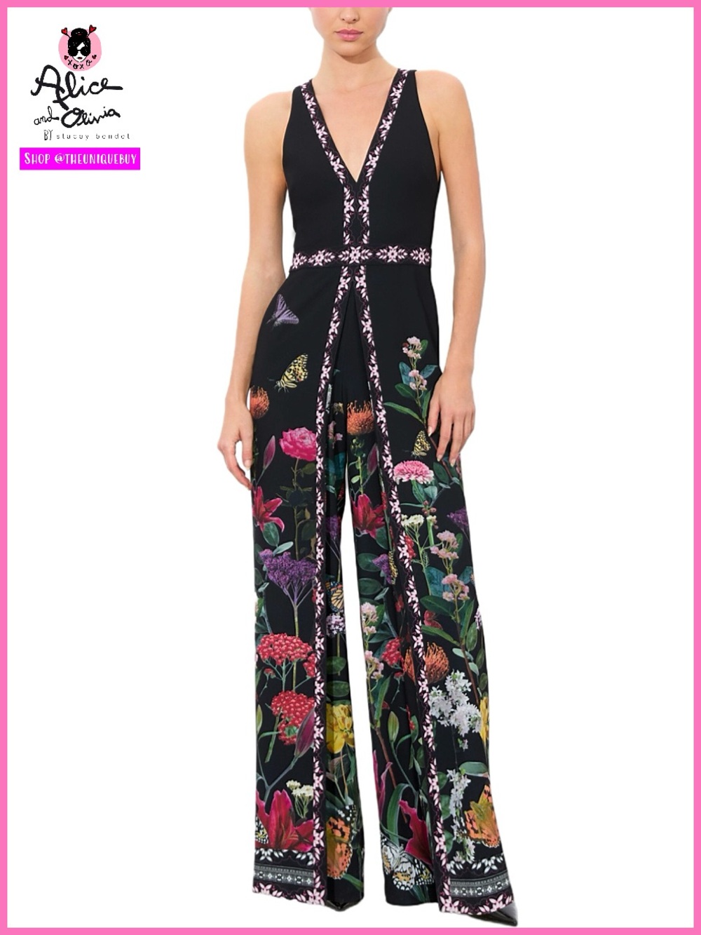 Alice + Olivia Audrie Floral Black Pink Purple Multi Pleated Dress Jumpsuit